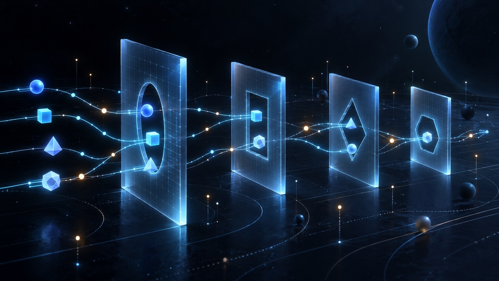 Abstract agent nodes follow luminous paths through separate translucent authorization gates.